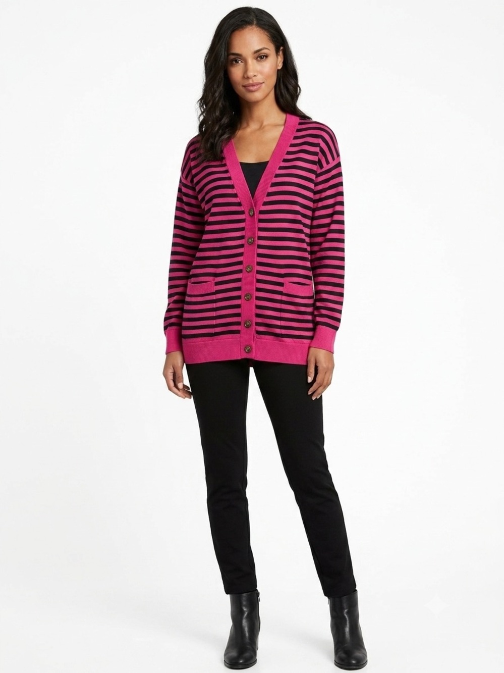Vintage Pink and Black Striped V-Neck Cardigan